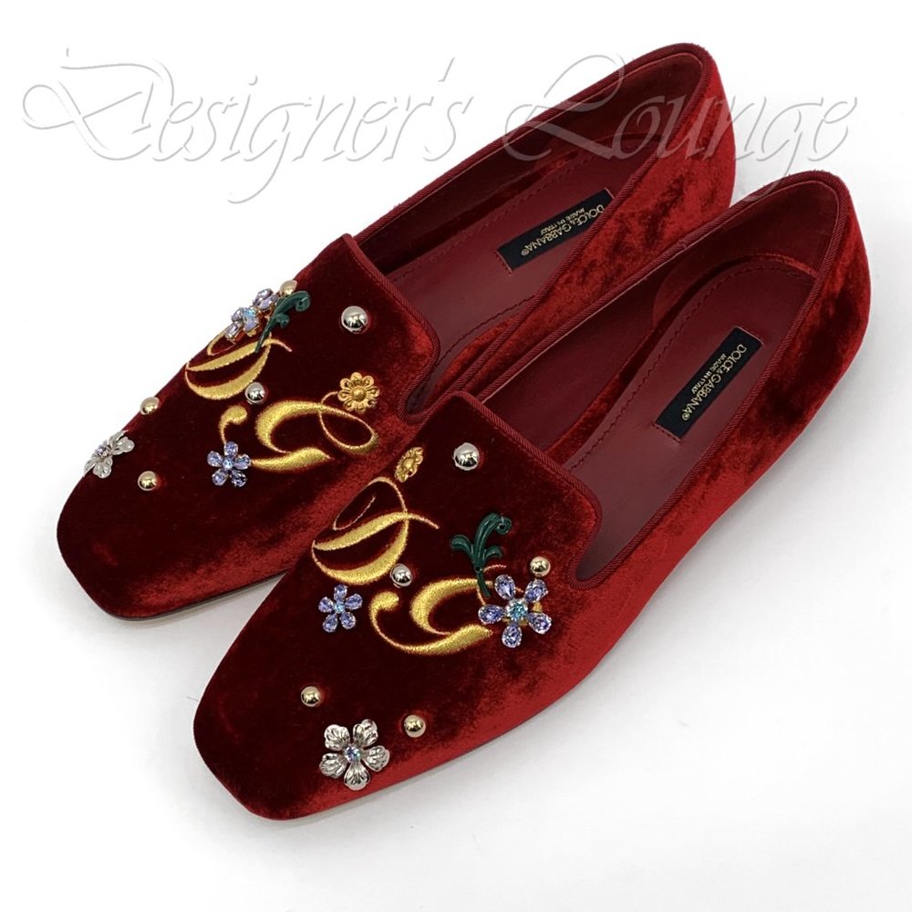 NIB DOLCE & GABBANA Red Velvet Crystal Loafers - Picture 3 of 8